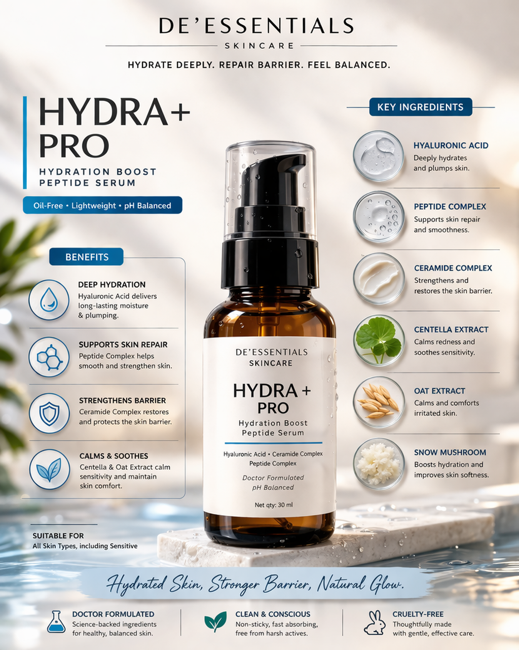 HYDRA + PRO- Hydration Boost Peptide Serum with Hyaluronic Acid and Peptides